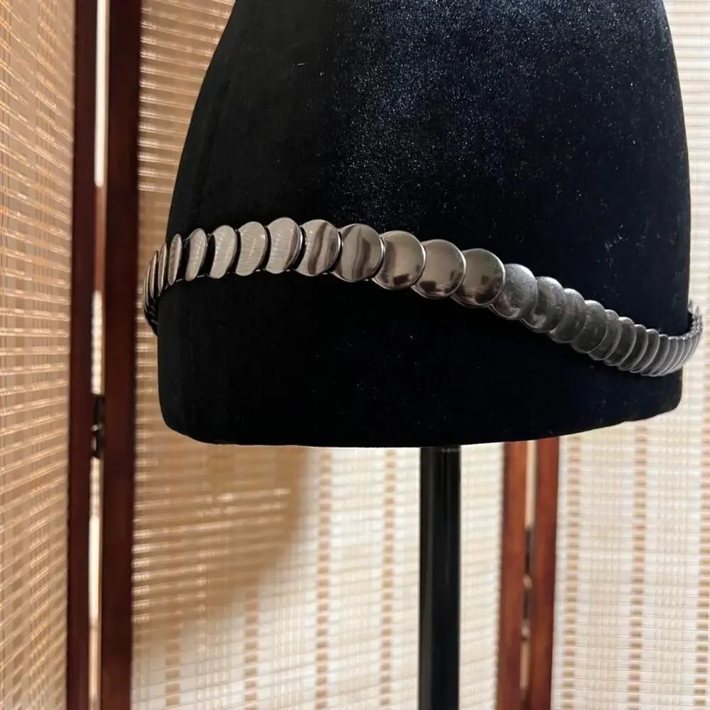 Vintage 80s/90s Gunmetal Silver Disc Elastic Stretch Belt Retro Disco Boho